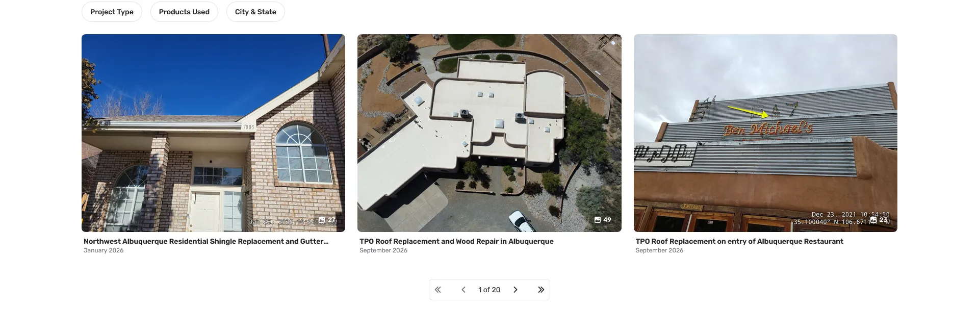 Recent projects: Northwest Albuquerque residential shingle replacement and gutter work, TPO roof replacement and wood repair in Albuquerque, and TPO roof replacement on the entry of an Albuquerque restaurant